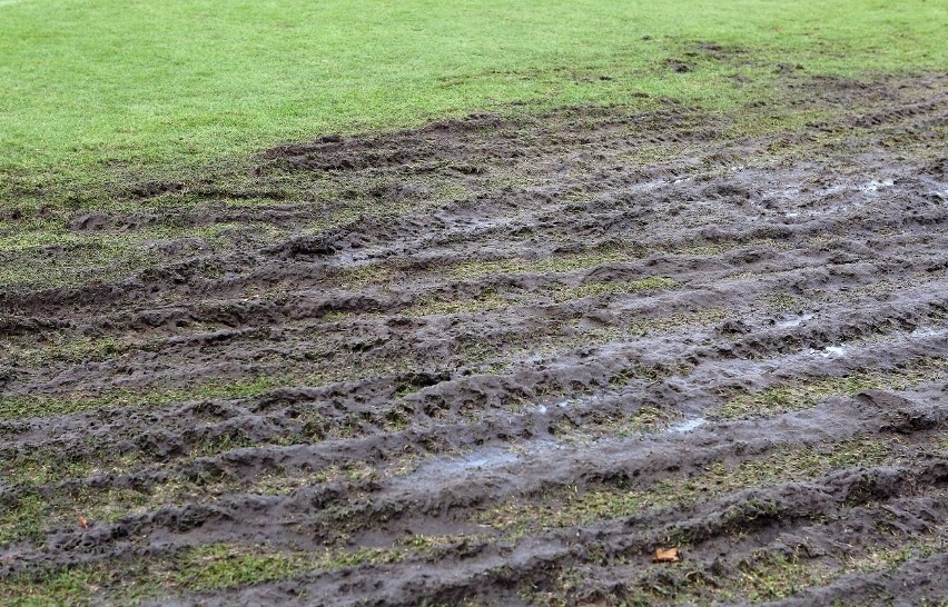 Prace kosmetyczne na murawie stadionu Pogoni Szczecin.