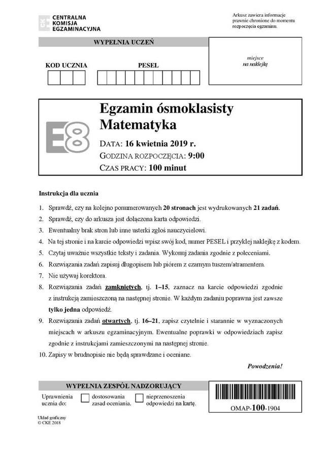 Egzamin ósmoklasisty 2019 Matematyka [ODPOWIEDZI ARKUSZE, ZADANIA] Egzamin 8 -klasisty z matematyki 16.04.2019 | Głos Pomorza