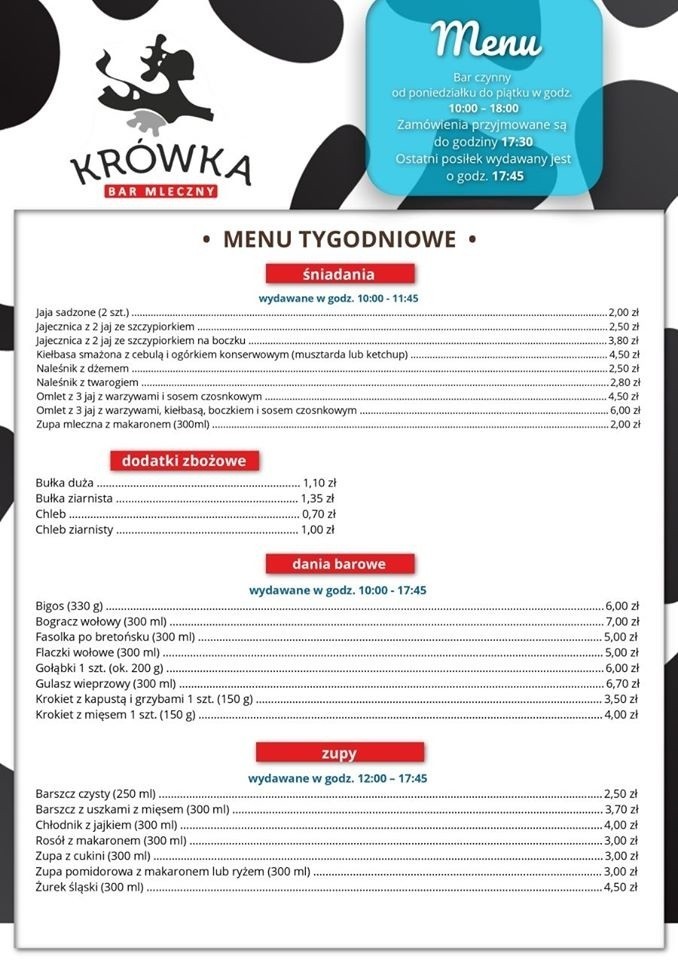 Co w tygodniowym menu baru mlecznego Krówka w Żorach?...