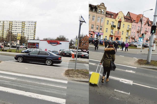 Od lewej: Na wysokości ulicy Jeśmanowicza wyrazem troski o bezpieczeństwo pieszych jest tzw. oznakowanie aktywne - znaki z żółtym światełkiem. Z kolei na wysokości ulic Kościuszki i Lelewela ruchem, również na przejściu dla pieszych, steruje klasyczna syg