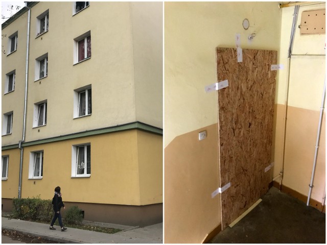 Blok w którym mieszkał 42-latek i wejście do jego mieszkania zabezpieczone przez policję
