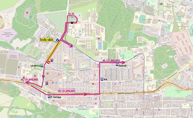 Tak będą wyglądać trasy kilku linii autobusowych na czas ograniczeń w ruchu związanych z przebudową Szosy Okrężnej - na razie na fragmencie między ulicami Gagarina a Łukasiewicza