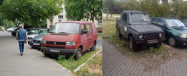 Dwa samochody, które dawno nigdzie nie jechały i powoli już zarastają: przy ulicy Mickiewicza (z lewej) i z ulicy legionów (po prawej) . Ile podobnych tkwi jeszcze na toruńskich parkingach czy poboczach?
