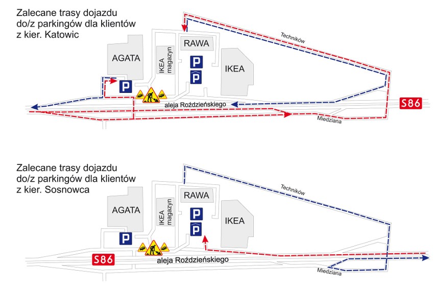 Katowice: dziura w drodze między sklepami Agata i Ikea. Remont i objazdy od poniedziałku MAPA 