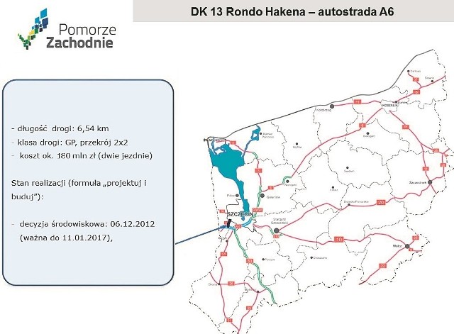 Na infografice możemy zobaczyć przebieg planowanej drogi krajowej 13  od ronda Hakena do Autostrady A6. Czerwone linie na krajowej trójce i dziesiątce - to odcinki, na których trzeba dobudować drugą jezdnię. Nowy plan ma to uwzględnić