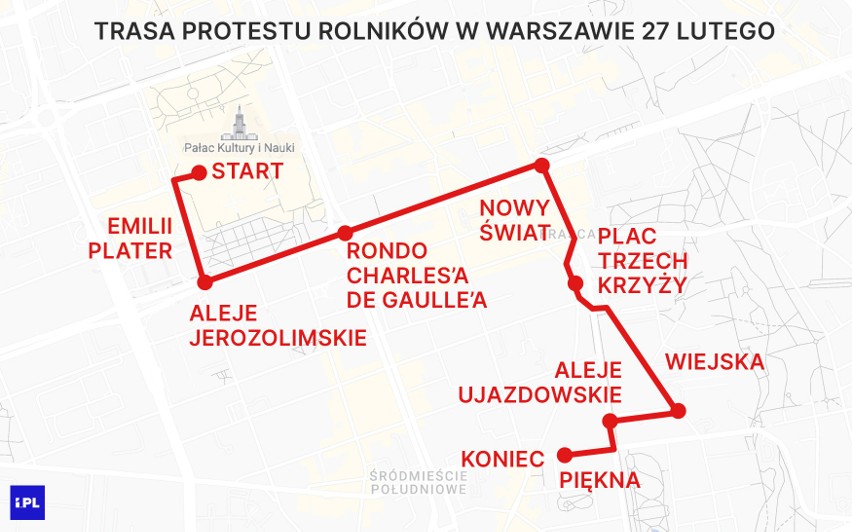 Mapa protestu rolników w Warszawie.
