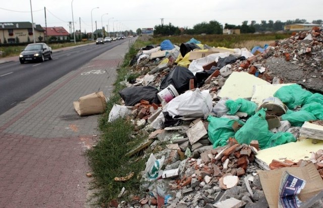 Śmieci jest tak dużo, że zaczynają się wysypywać na chodnik i ścieżkę rowerową.