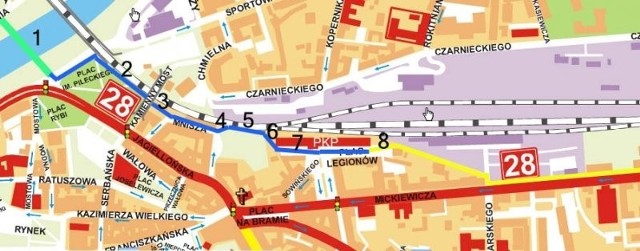 Mapa proponowanej ścieżki pieszo &#8211; rowerowej. Kolorem zielonym zaznaczona jest kładka na Sanie, niebieskim pierwsza część ścieżki, żółtym druga.