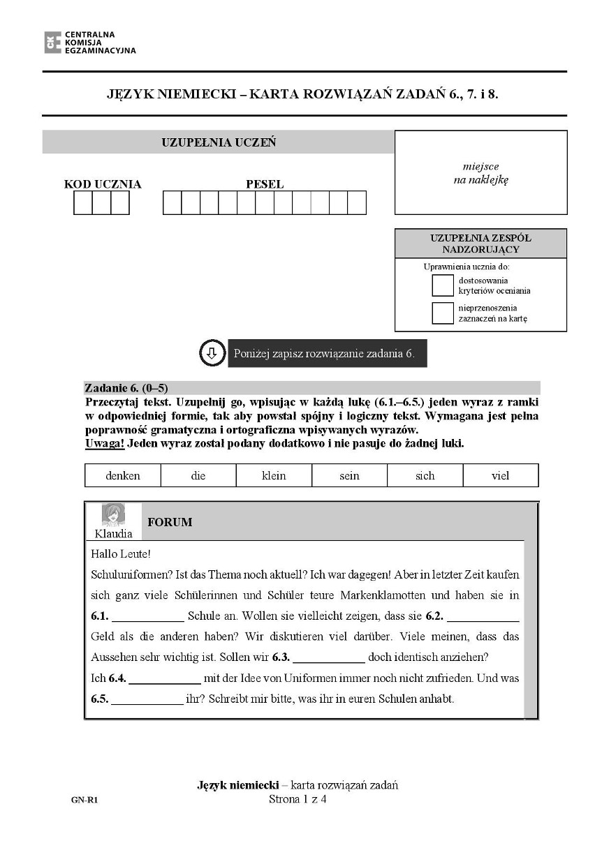 EGZAMIN GIMNAZJALNY 2017: JĘZYK NIEMIECKI - ROZSZERZENIE...