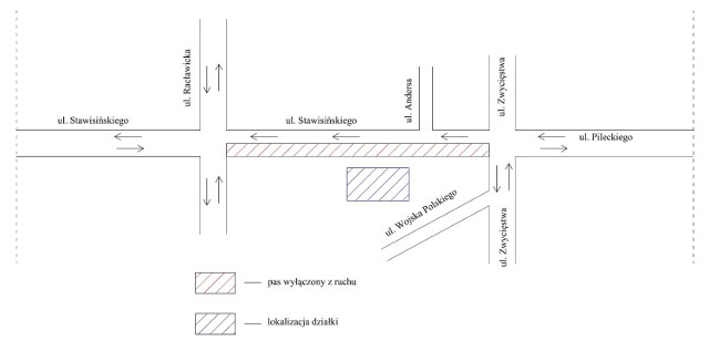 Schematyczna mapka pokazująca pas ul. Stawisińskiego, który zostanie we wtorek zamknięty.