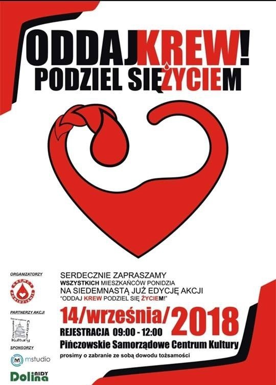 Akcja "Oddaj krew. Podziel się życiem" po raz siedemnasty w Pińczowie. Krewcy Ponidzianie zapraszają mieszkańców 