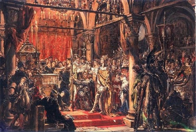 Jan Matejko, „Koronacja pierwszego króla Polski”, obraz z 1889 r. - łączy przekazy o zjeździe gnieźnieńskim z koronacją Bolesława Chrobrego