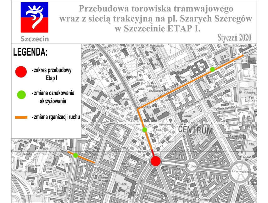 Przebudowa pl. Szarych Szeregów w Szczecinie. Zmiany dla kierowców i pasażerów [WIDEO, MAPY] - 9.01.2020