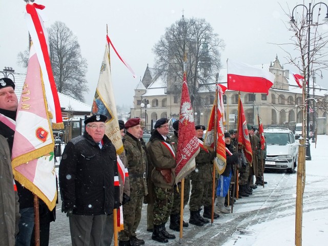 Poczty sztandarowe różnych formacji przed pomnikiem Mariana Langiewicza w Wąchocku