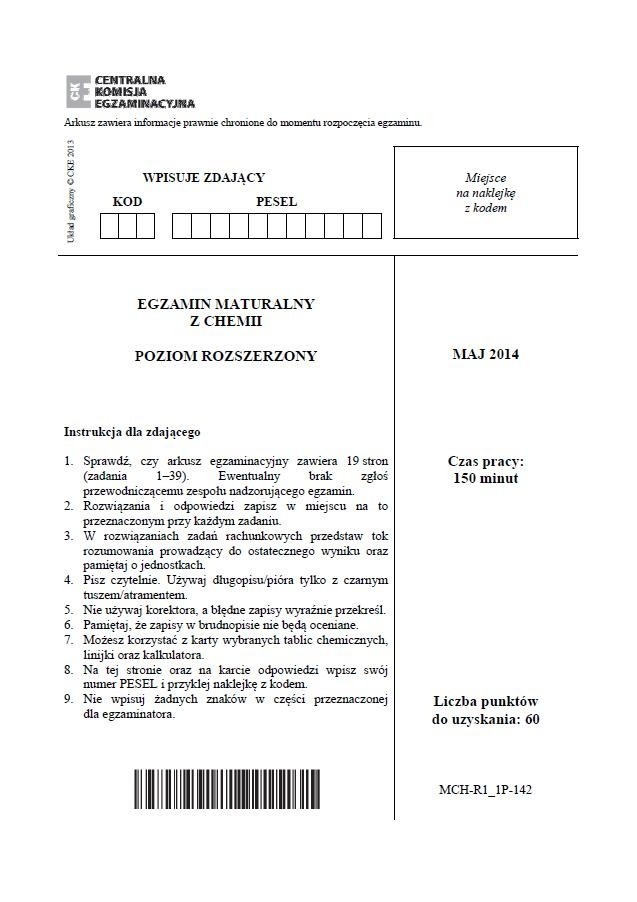 Matura 2014: Chemia - poziom rozszerzony [ODPOWIEDZI,...