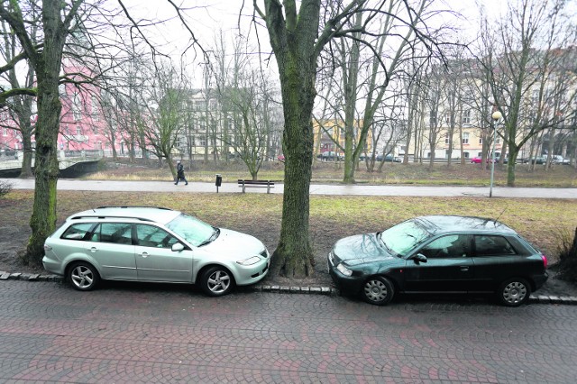 Na ul. F. Nullo kierowcy parkują na trawniku zamiast na miejscach parkingowych.