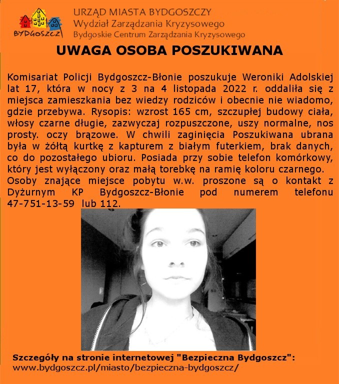 Policja w Bydgoszczy poszukuje zaginionej 17-letniej...