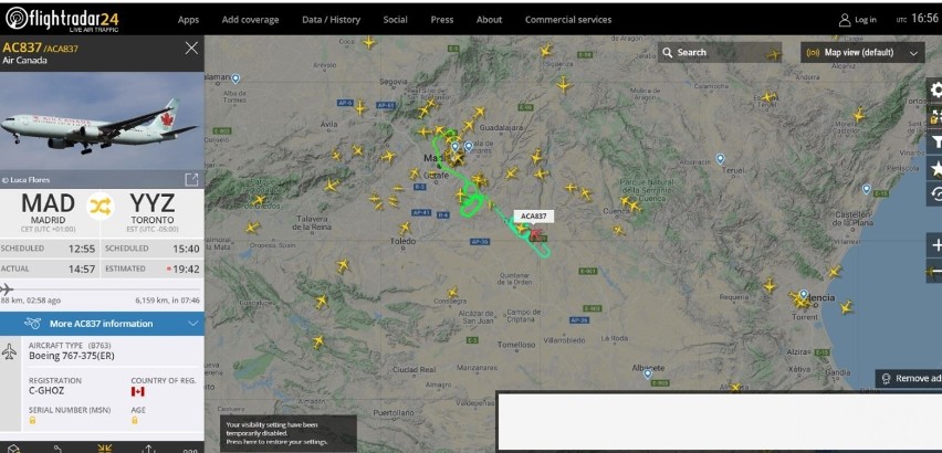 Awaryjne lądowanie boeinga 767 Air Canada w Madrycie. Urwała się opona. "Cały samolot drżał". LOT AC837 do Toronto wylądował w Madrycie 