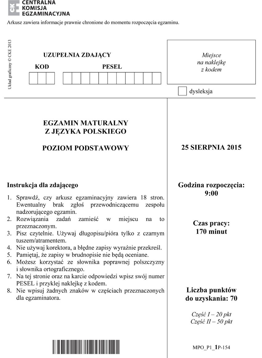 Matura poprawkowa 2015. Język polski - TECHNIKUM [ARKUSZE, PYTANIA]