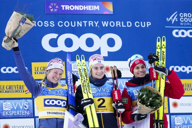 Od lewej: Jessie Diggins (USA), Ebba Andersson (Szwecja) i Heidi Weng (Norwegia).