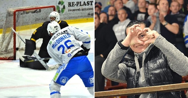 Ekstraklasa hokejowa; Re-Plast Unia Oświęcim - GKS Katowice 4:2. Na zdjęciu z lewej: Cole MacDonald zdobywa pierwszą bramkę dla oświęcimian.