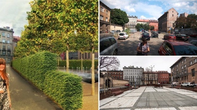 Plac Biskupi (część od strony ul. Krowoderskiej): na wizualizacji, przed remontem (jeszcze z parkingiem) i w obecnej odsłonie - po przebudowie.