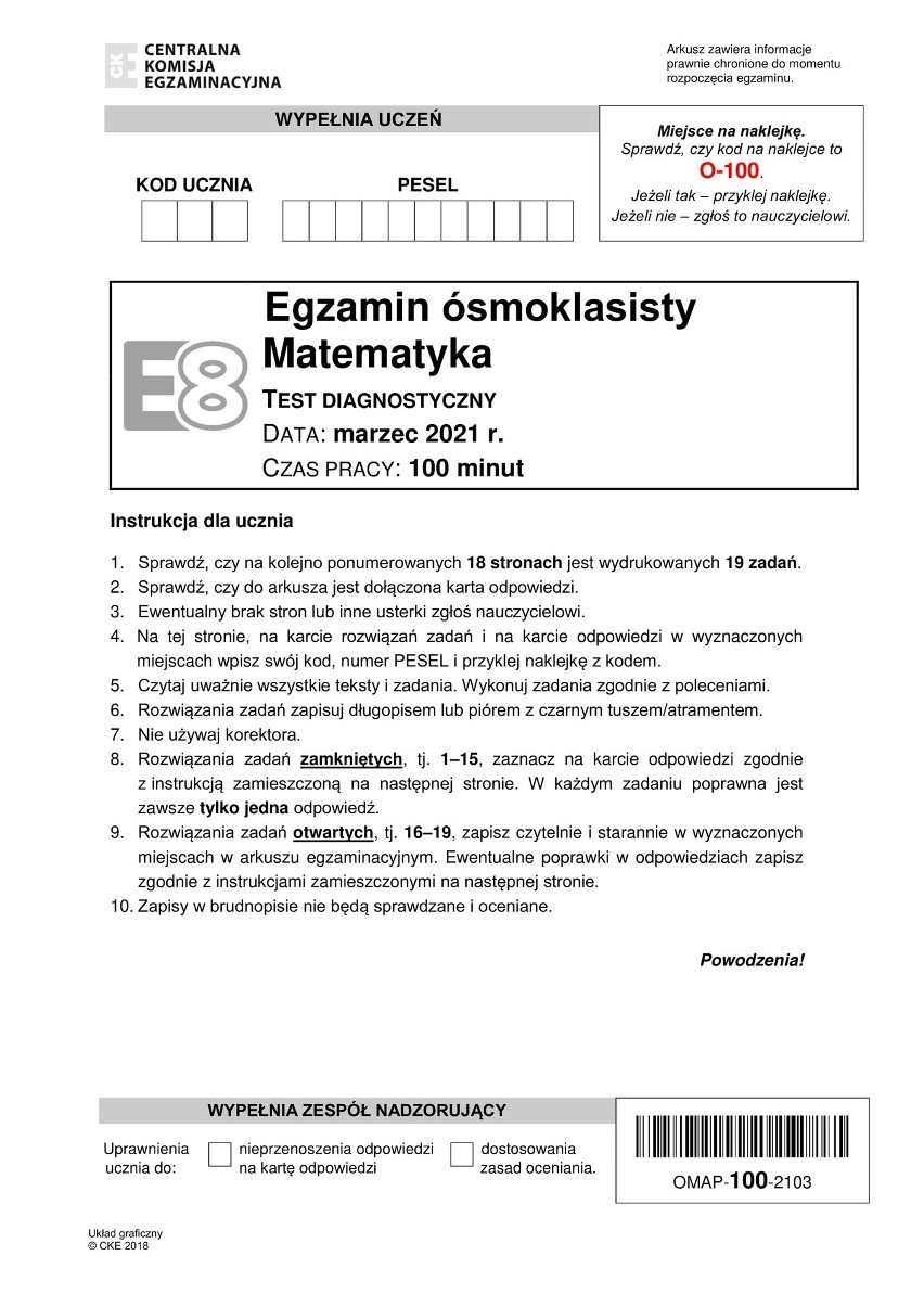 Próbny egzamin ósmoklasisty 2021. Matematyka arkusze CKE....