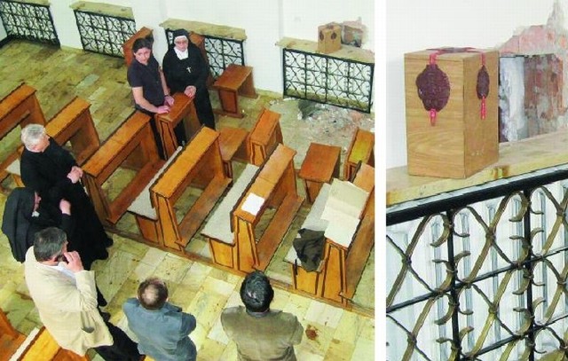 Zapieczętowaną skrzynkę ze szczątkami księdza Jerzego zamurowano w ścianie kaplicy w Sanktuarium Bł. Bolesławy Lament. Zdjęcie zrobiono w maju podczas jej wydobycia po 24 latach.