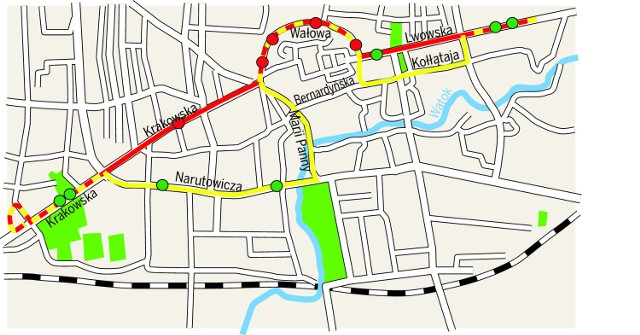 Na żółto i czerwono zaznaczono przebieg trasy. Czerwone kropki to nowe przystanki, zielone - stare.