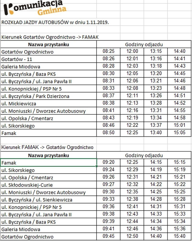 Rozkład jazdy Komunikacji Gminnej w Kluczborku 1 listopada.