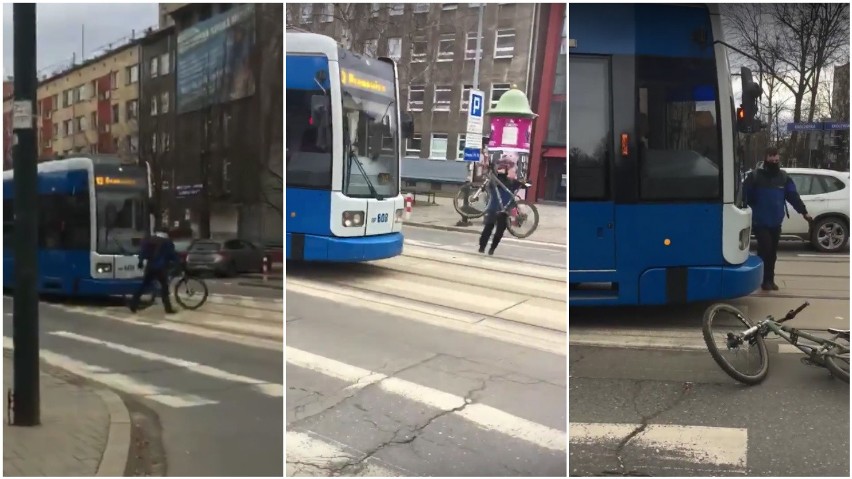 Wściekły rowerzysta zaatakował tramwaj [WIDEO]