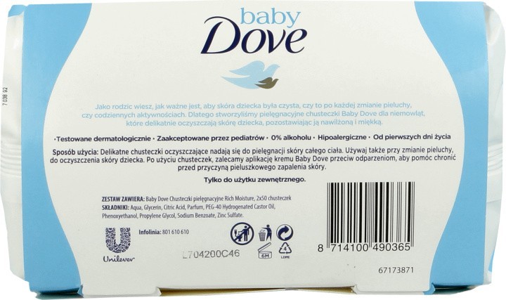 Opakowanie chusteczek Dove ze znaczkiem zakazu wrzucania ich...