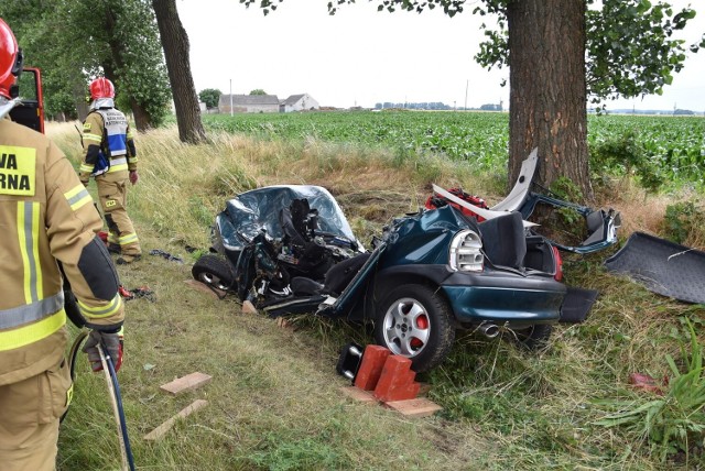 Na miejscu pracują policjanci, strażacy i ratownicy medyczni. Droga jest zablokowana. Kierowca pojazdu jest ranny