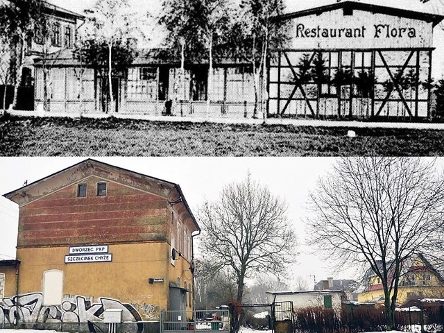 Restauracja Flora przy stacji Kietz w roku 1907(u góry) i to samo miejsce ponad sto lat później.