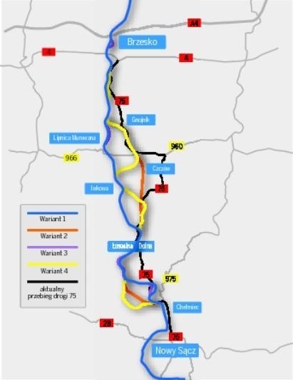 Takie warianty nowej drogi z Sącza do Brzeska przygotowała Pracownia Planowania i Projektowania Systemów Transportu  Altrans