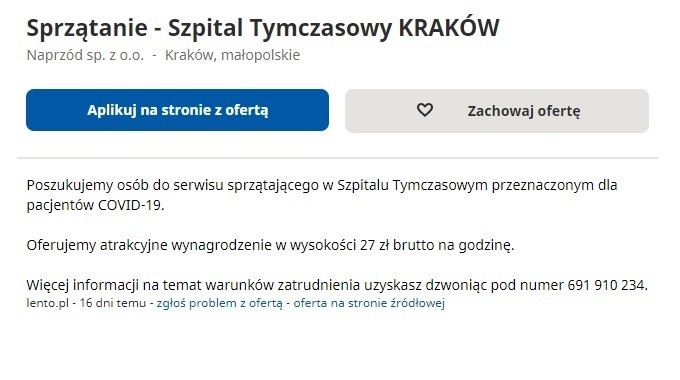 Kraków. 27 zł na godzinę za sprzątanie w szpitalu tymczasowym. Jakie zarobki dla medyków?