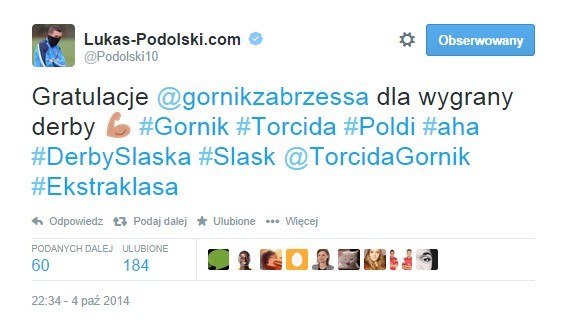 Podolski pogratulował Górnikowi zwycięstwa