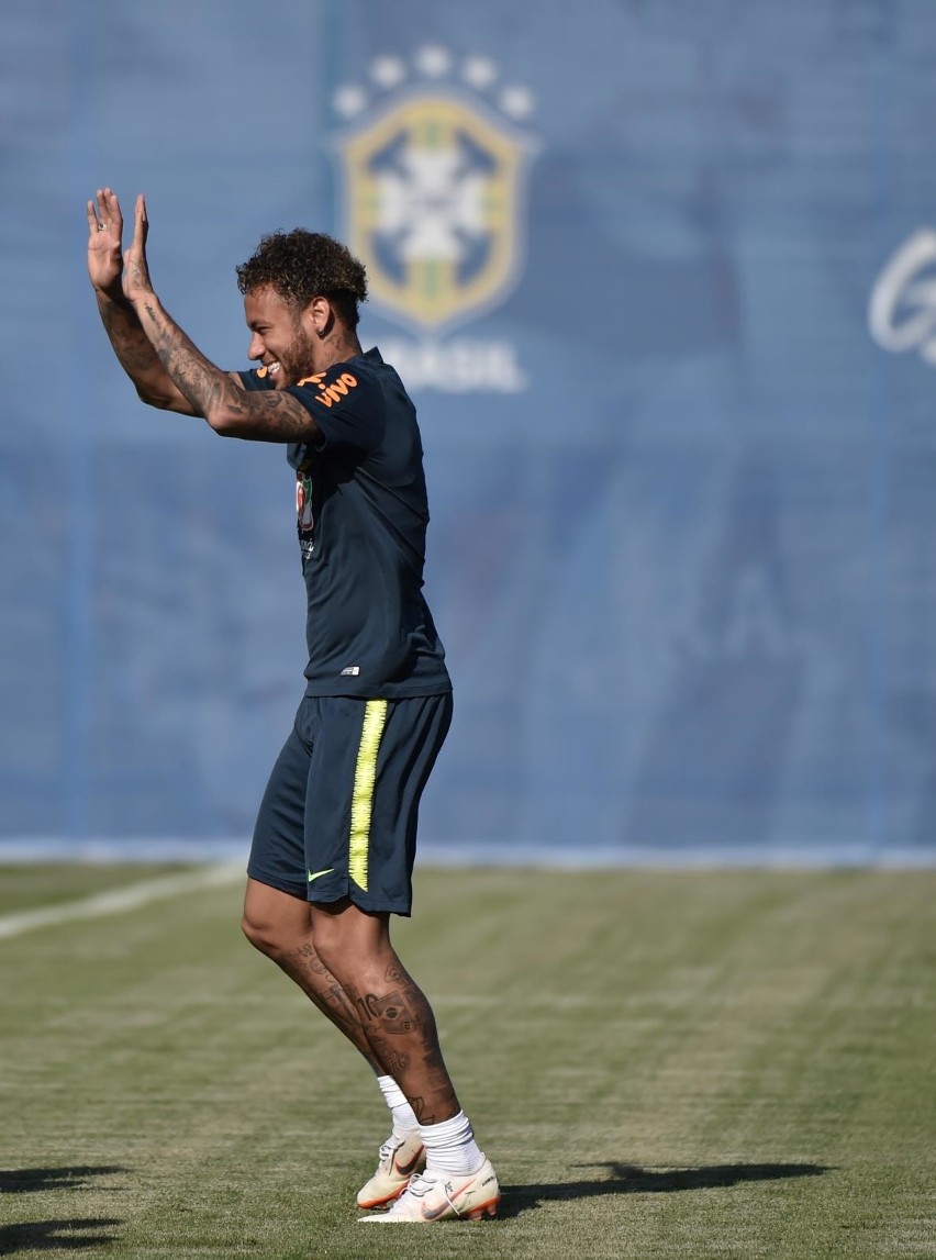 Neymar w czasie otwartego treningu Brazylii na mundialu w...