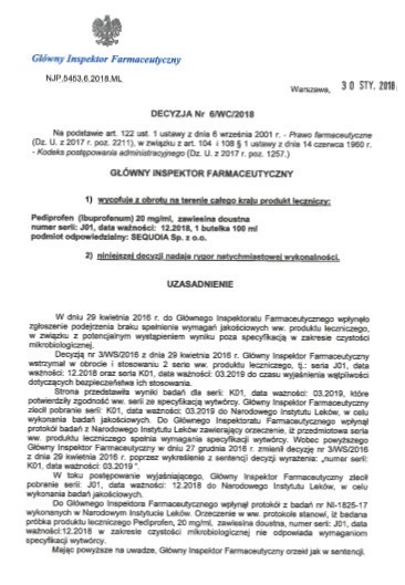 Uwaga! Pediprofen, syrop dla dzieci, wycofany z aptek! Główny Inspektor Farmaceutyczny: partia syropu nie spełnia wymagań jakościowych