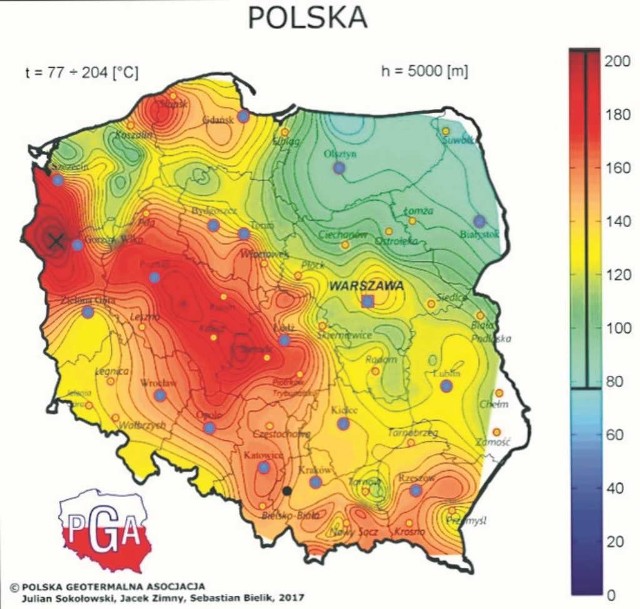 Rozkład temperatur złóż geotermalnych na głębokości 5000 m