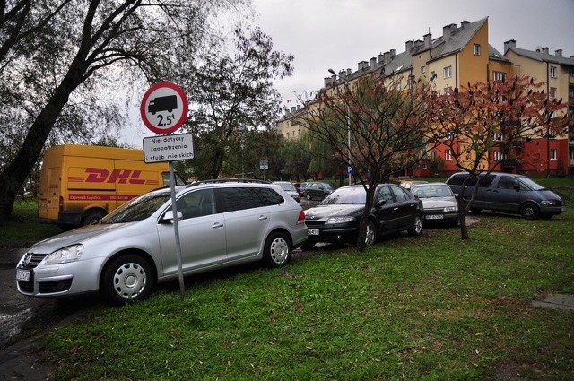 Zatłoczony parking na osiedlu Dzików w Tarnobrzegu.