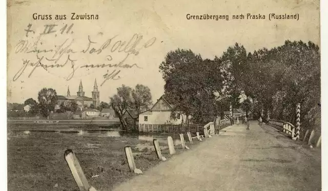 Pocztówka z 1911 roku z podpisem „Pozdrowienia z Zawisny. Przejście graniczne do Praszki (Rosja)