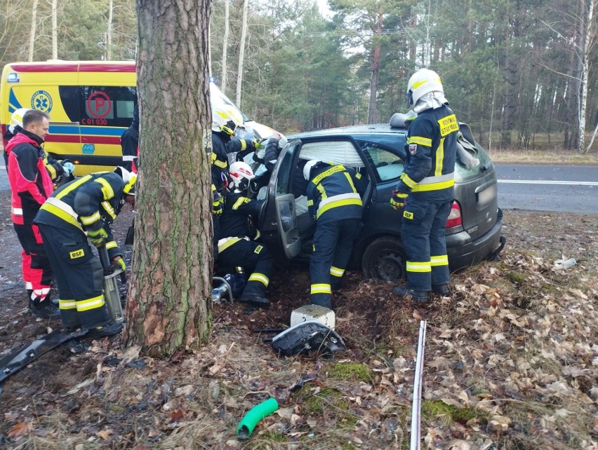 Kierowcę Renault, który uderzył w drzewo, z wnętrza auta...