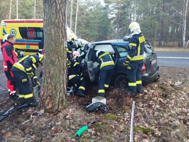 Kierowcę Renault, który uderzył w drzewo, z wnętrza auta musieli uwolnić strażacy