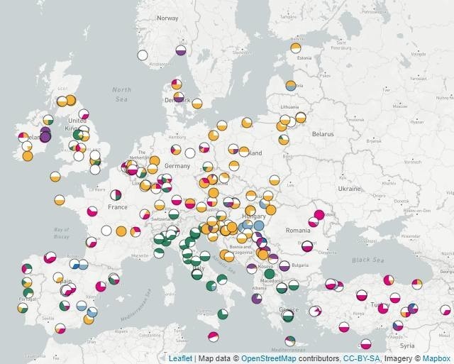 Mapa występowania szczepów K. pneumoniae odpornych na karbapenemy w Europie, dostępna na stronie MicroReact.