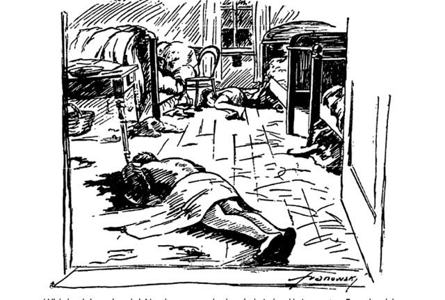 Rysunek miejsca zbrodni w Wielkim Tarpnie, wykonany na podstawie zdjęcia wykonanego przez policję. Rysunek ten opublikował "Goniec Nadwiślański"