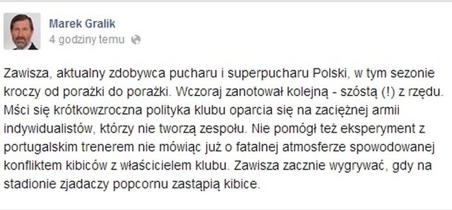 Wpis Marka Gralika na Facebooku.