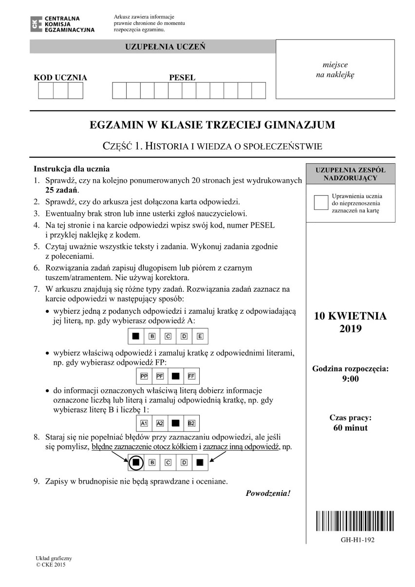 Egzamin gimnazjalny 2019 ARKUSZE CKE HISTORIA i WOS: ODPOWIEDZI z części humanistycznej 10 04 2019