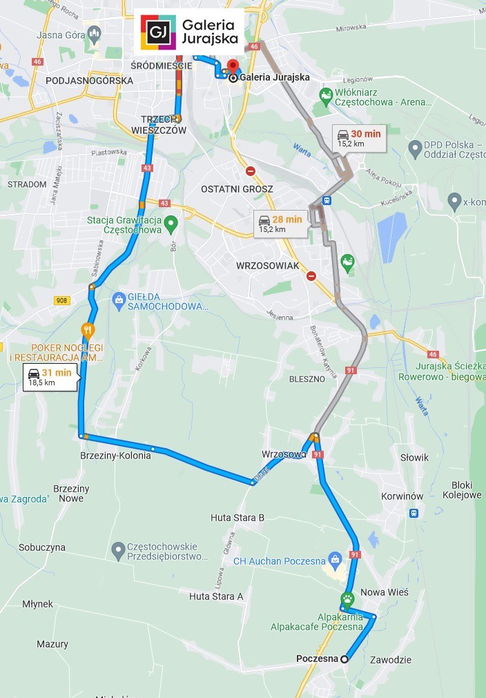 Mapa trasy: Poczesna - Częstochowa