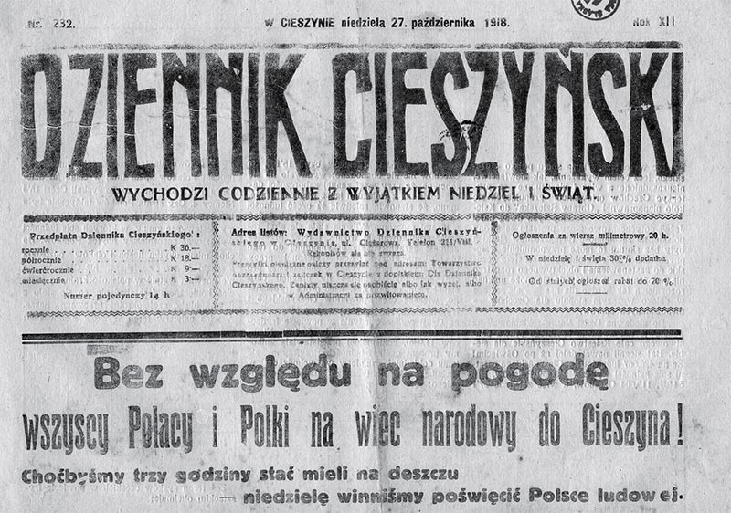Dziennik Cieszyński z 27 X 1918 r. zachęcający do przybycia...